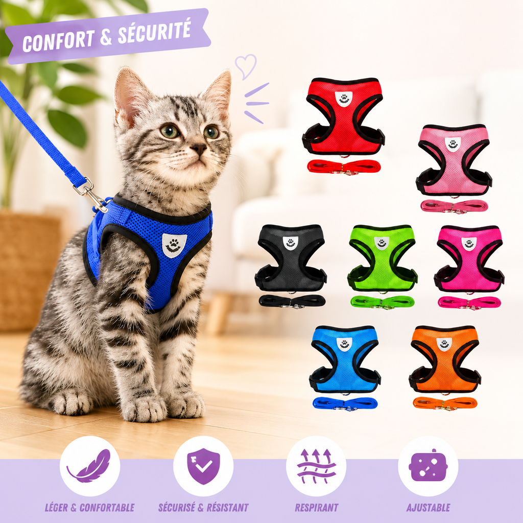 Harnais gilet réglable pour chat et petit chien