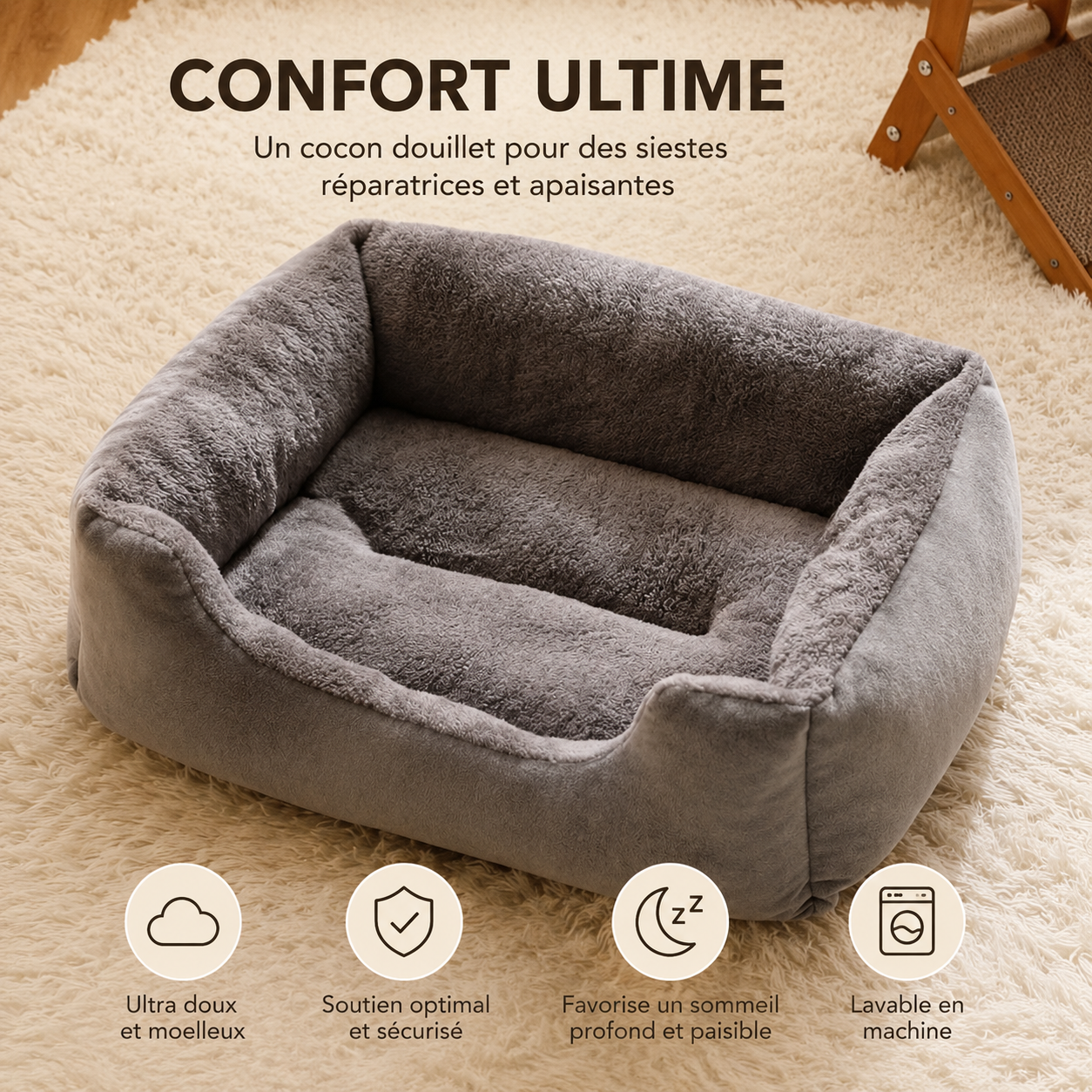 Corbeille Moelleuse pour Chien & Chat — 5 Tailles, Respirante & Lavable en Machine