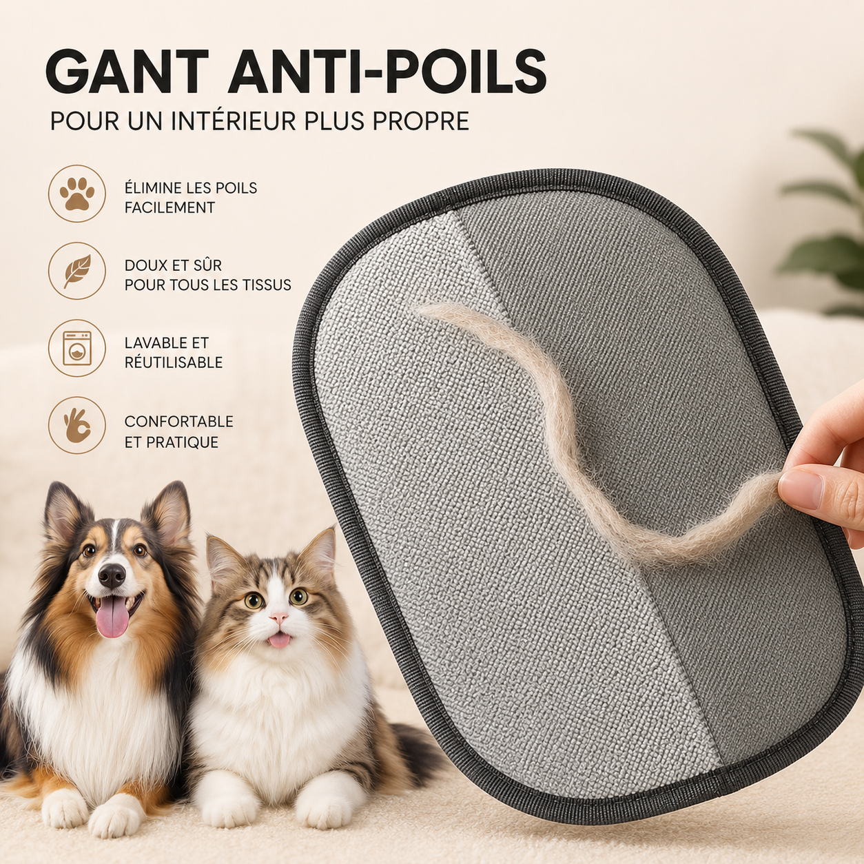 Gant Brosse Anti-Poils Réutilisable pour Chien & Chat — Double Face, Canapé & Vêtements