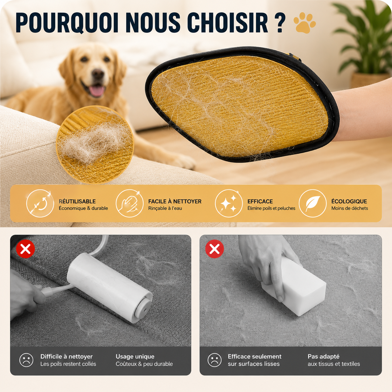 Gant Brosse Anti-Poils Réutilisable pour Chien & Chat — Double Face, Canapé & Vêtements