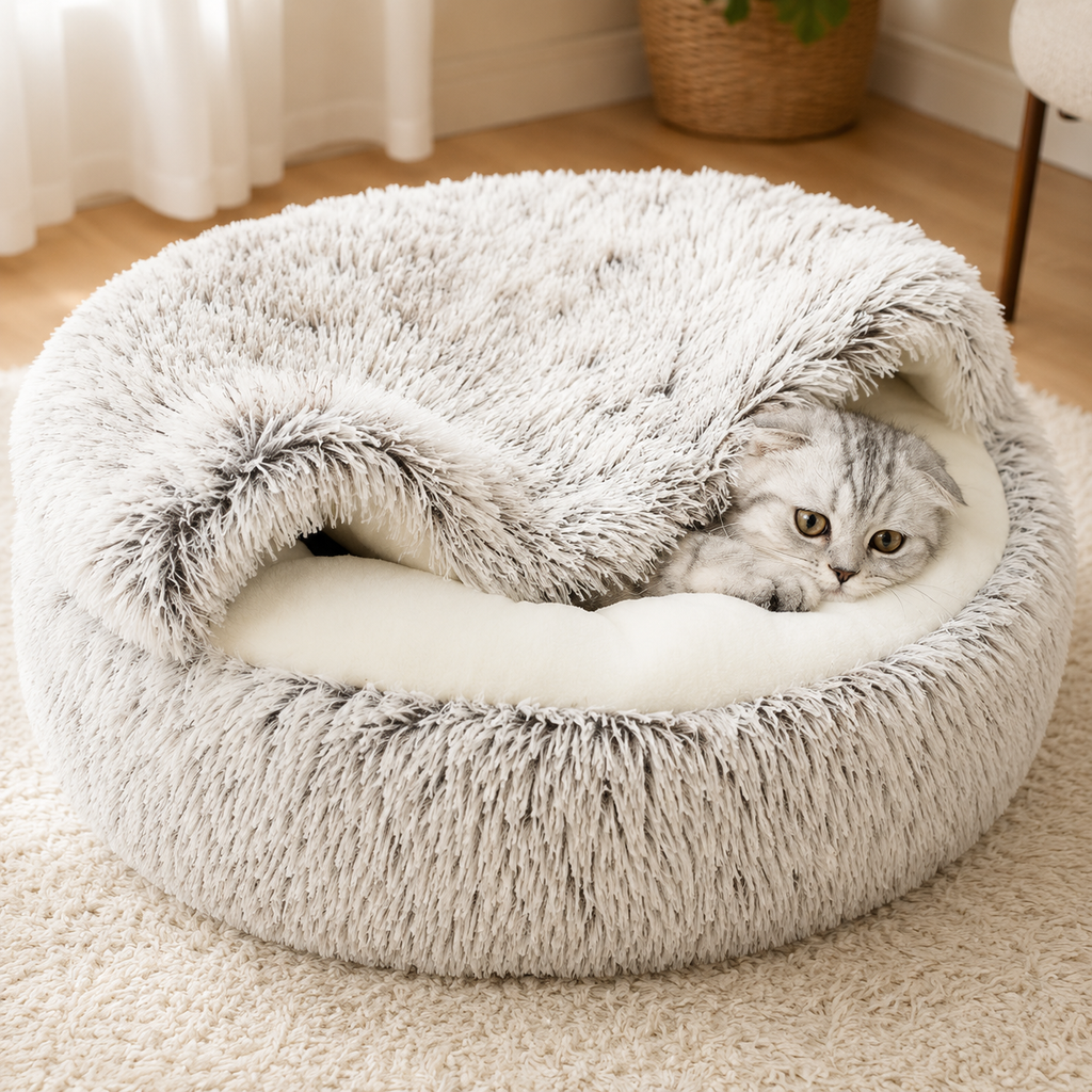 Panier peluche 2-en-1 pour chat et petit chien