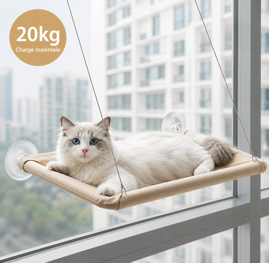 Hamac suspendu pour chat - fixation fenêtre