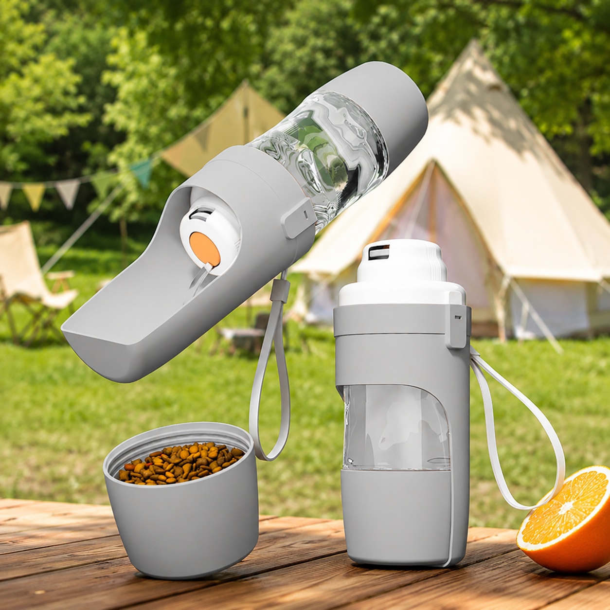Gourde portable 2-en-1 eau et croquettes pour chien et chat