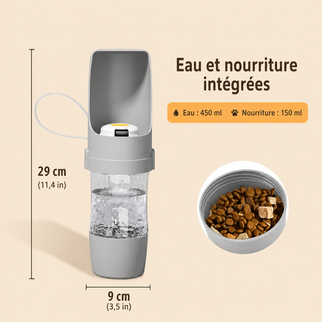 Gourde portable 2-en-1 eau et croquettes pour chien et chat