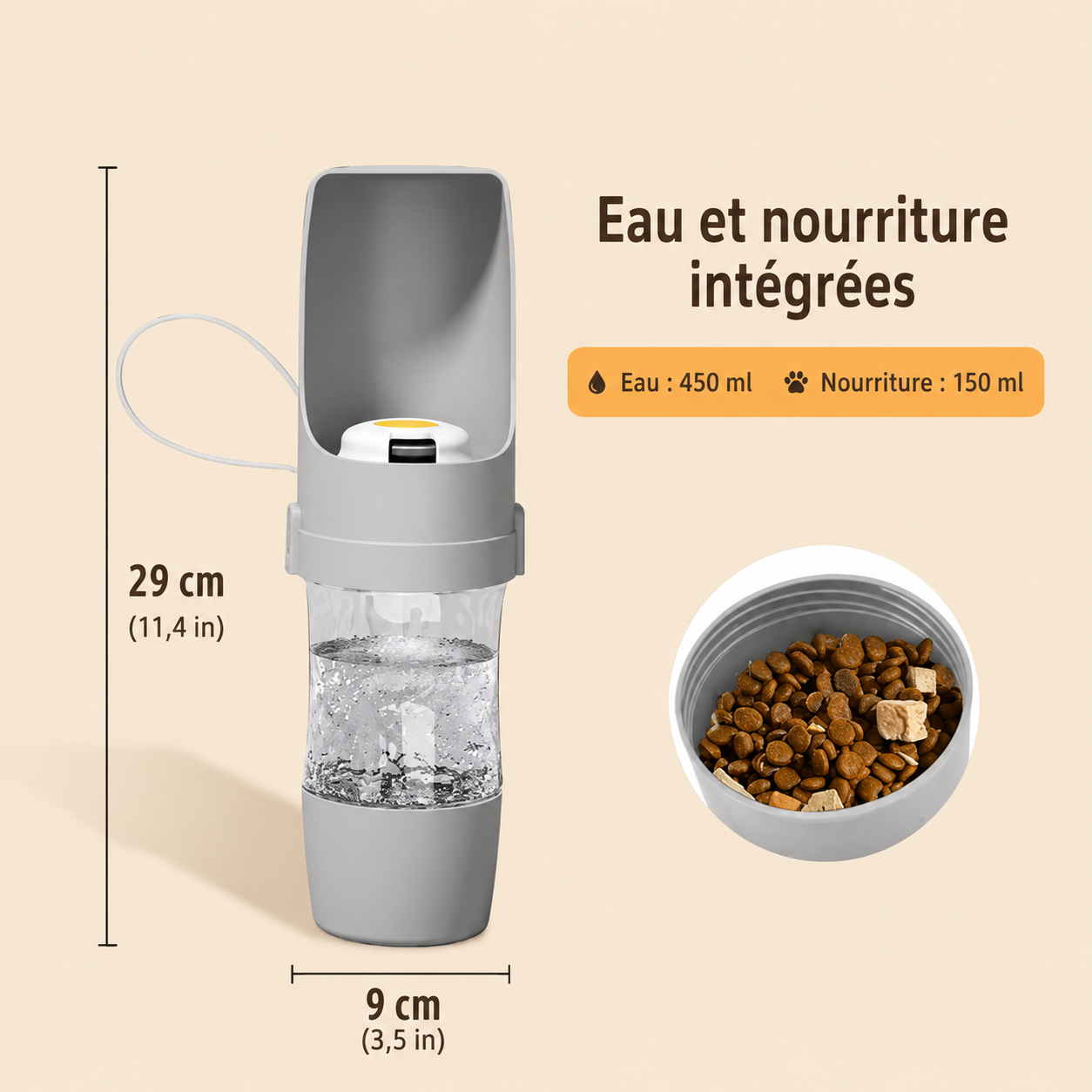 Gourde portable 2-en-1 eau et croquettes pour chien et chat