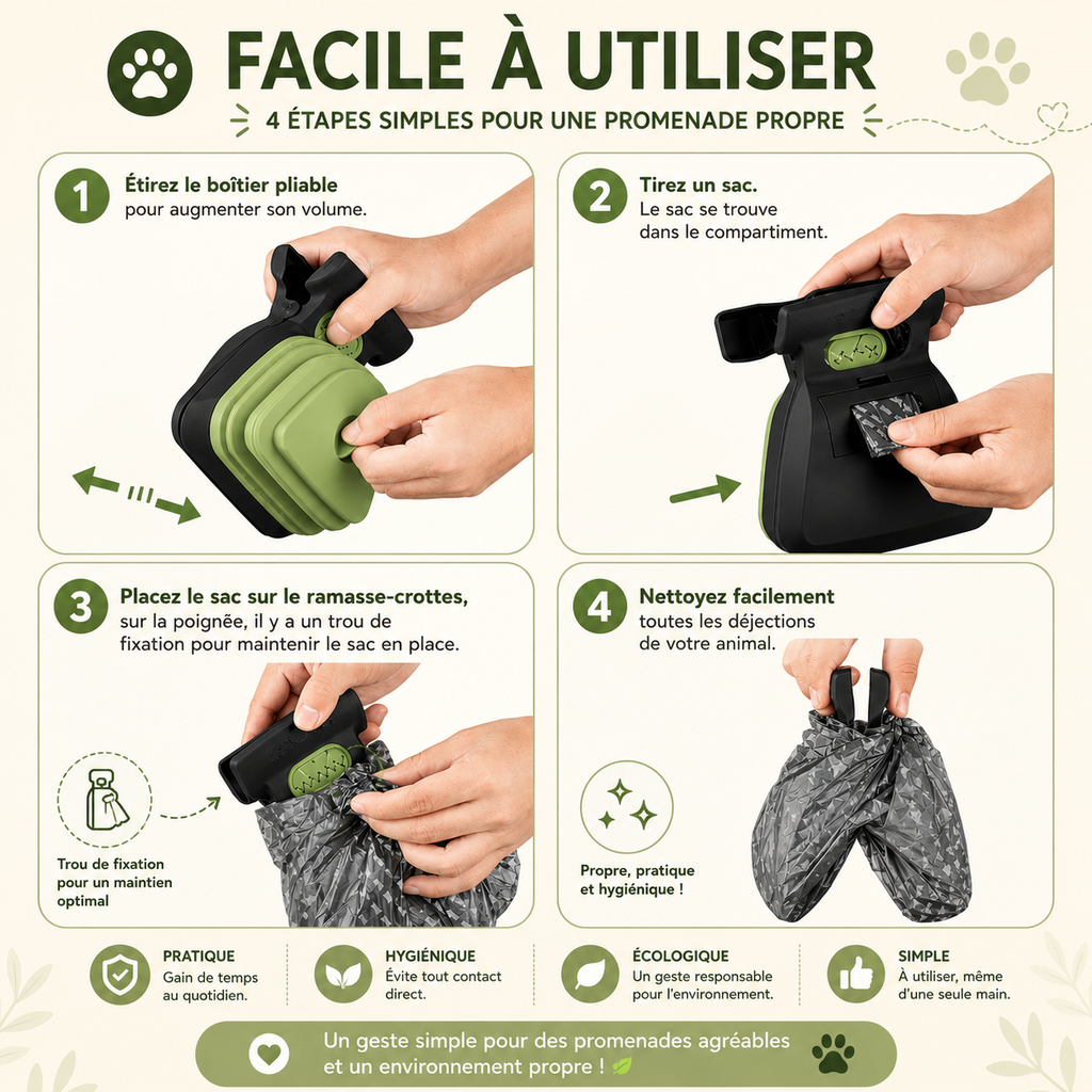 Ramasse-Crottes Pliable avec Sacs Biodégradables — Hygiène Totale en Balade